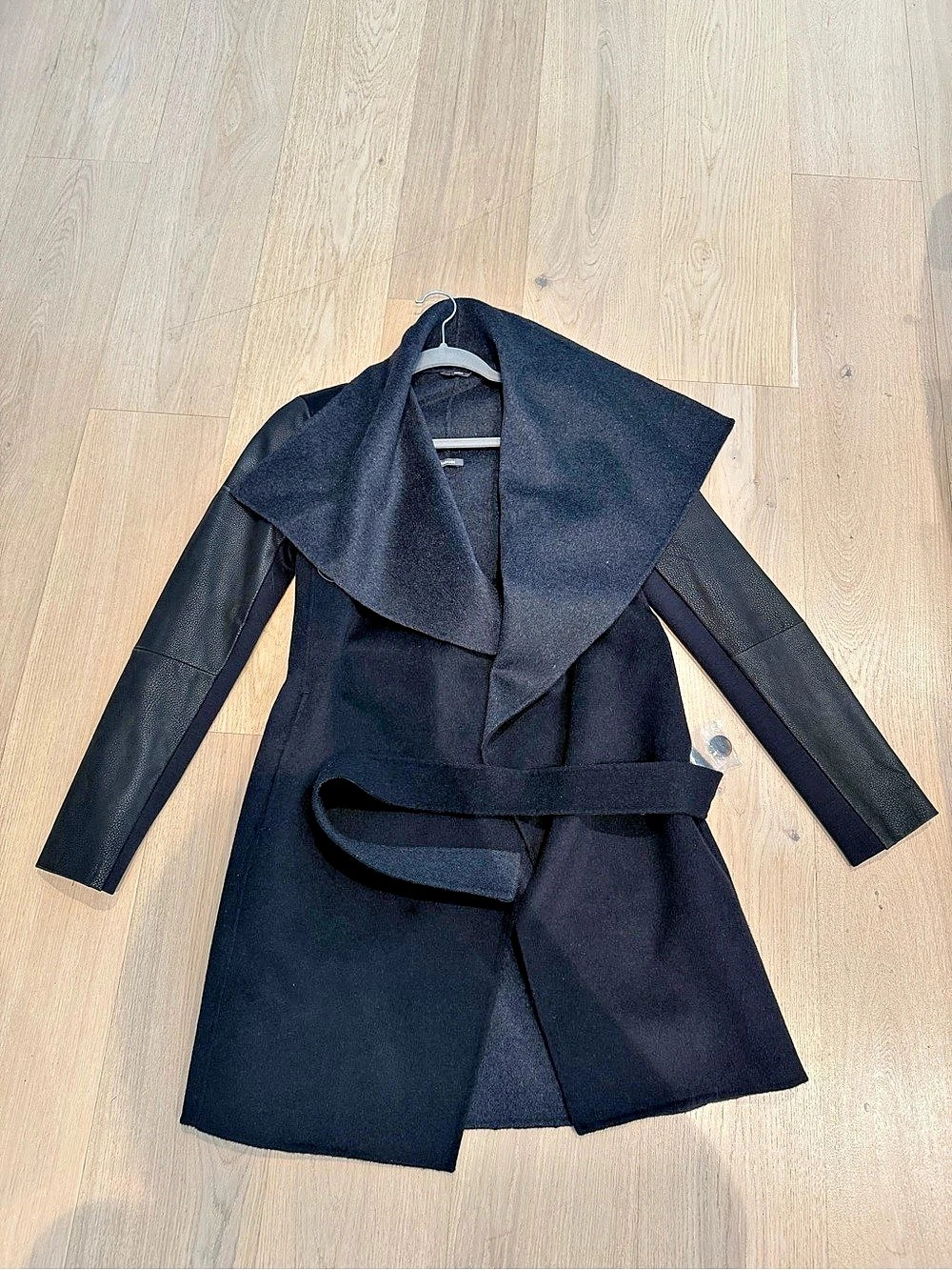 Vera Wang Black and Grey Belted Leather-Sleeve Coat